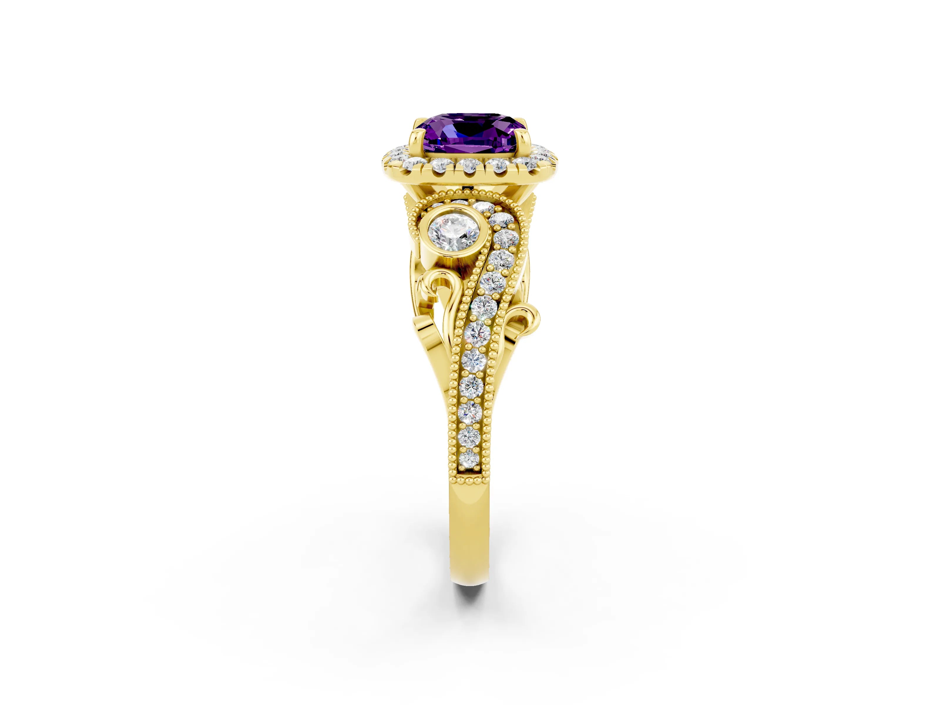Yellow gold Cushion Cut Amethyst Halo Ring with Milgrain Pavé Band and Four-Prong Setting_14