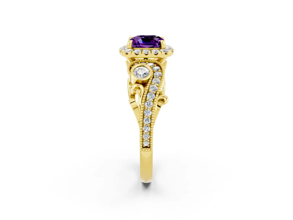 Yellow gold Cushion Cut Amethyst Halo Ring with Milgrain Pavé Band and Four-Prong Setting