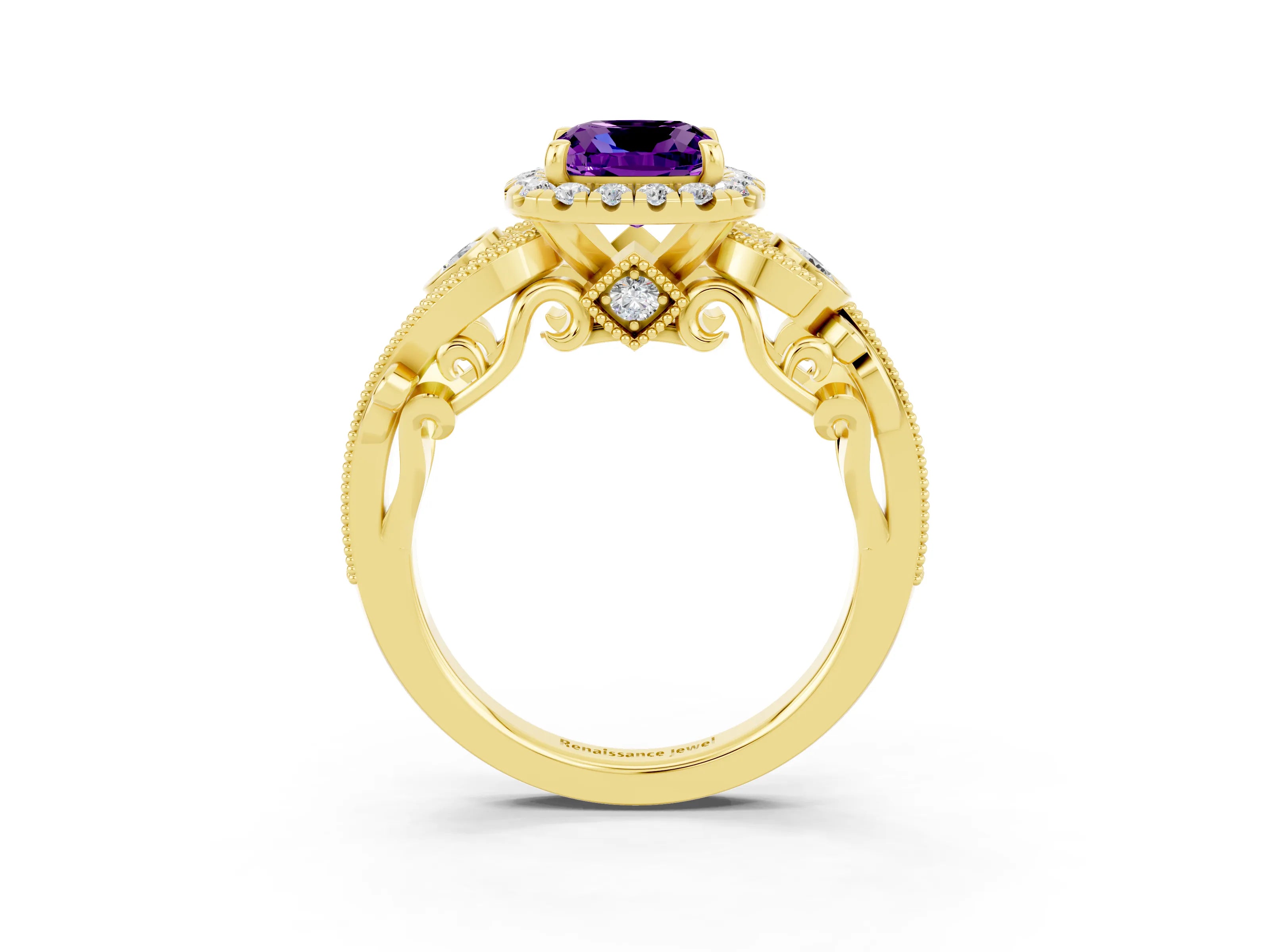 Yellow gold Cushion Cut Amethyst Halo Ring with Milgrain Pavé Band and Four-Prong Setting_15