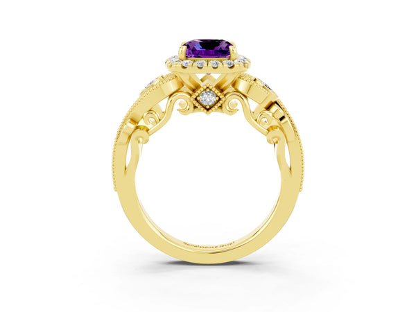 Yellow gold Cushion Cut Amethyst Halo Ring with Milgrain Pavé Band and Four-Prong Setting