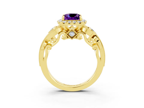 Yellow gold Cushion Cut Amethyst Halo Ring with Milgrain Pavé Band and Four-Prong Setting_15