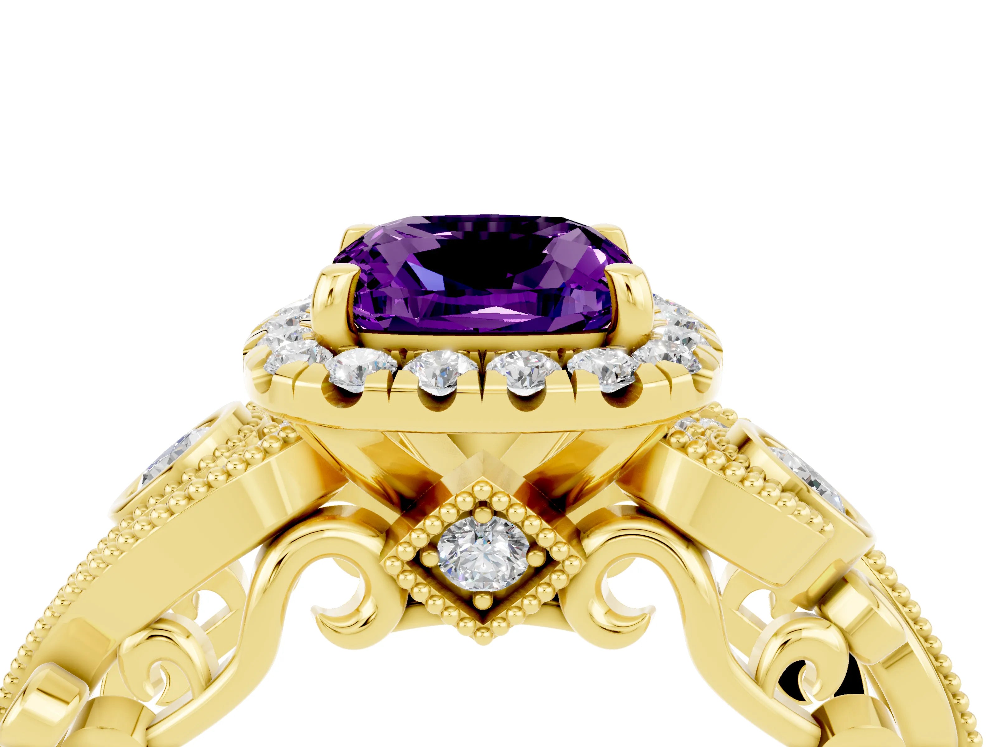 Yellow gold Cushion Cut Amethyst Halo Ring with Milgrain Pavé Band and Four-Prong Setting_16