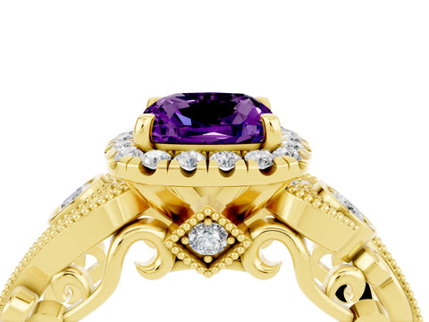 Yellow gold Cushion Cut Amethyst Halo Ring with Milgrain Pavé Band and Four-Prong Setting_16