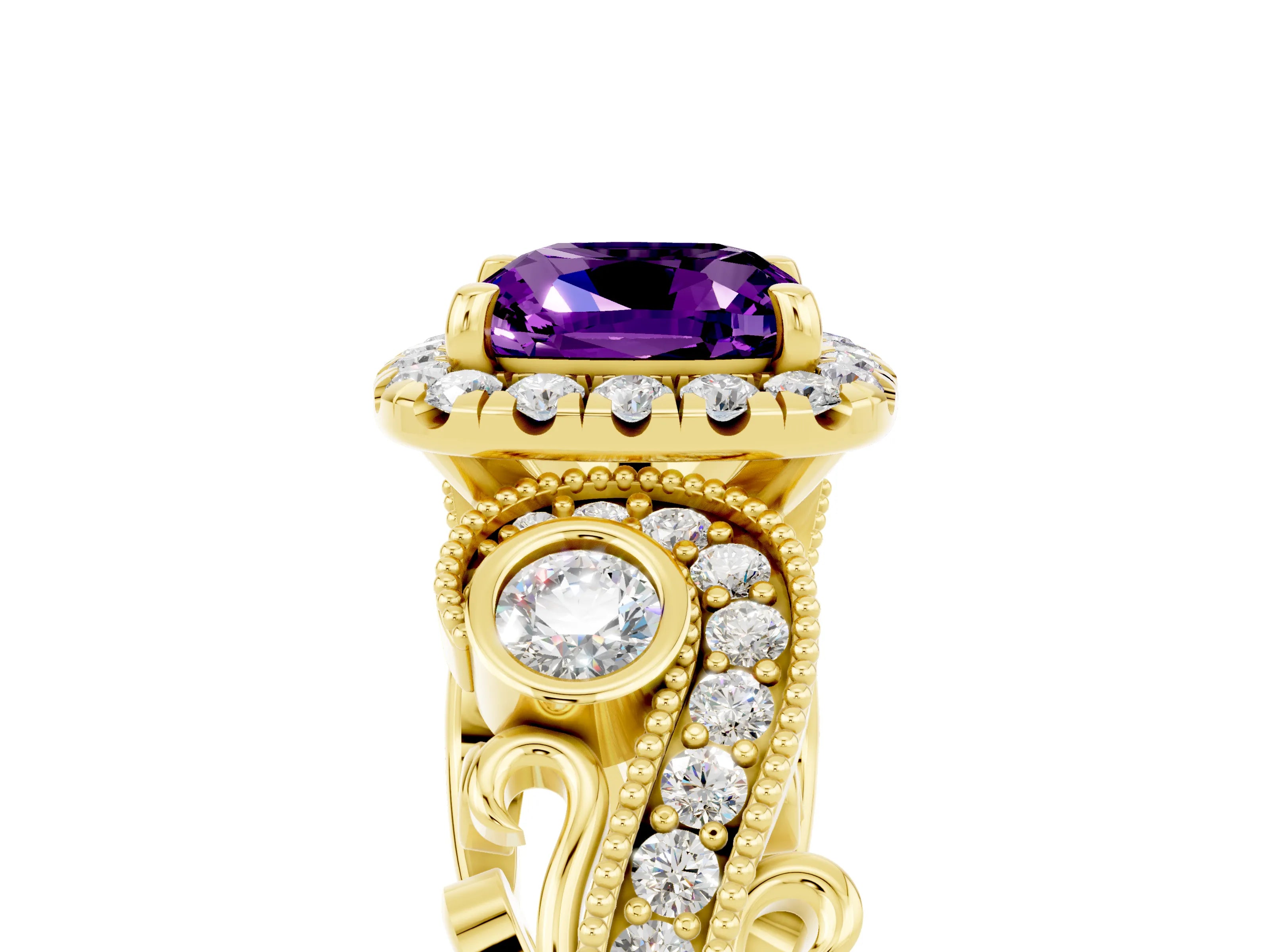 Yellow gold Cushion Cut Amethyst Halo Ring with Milgrain Pavé Band and Four-Prong Setting_17