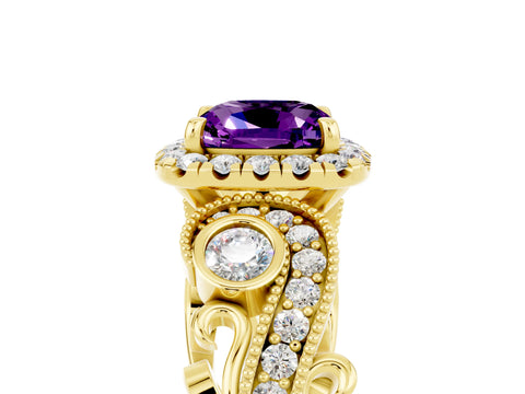 Yellow gold Cushion Cut Amethyst Halo Ring with Milgrain Pavé Band and Four-Prong Setting_17