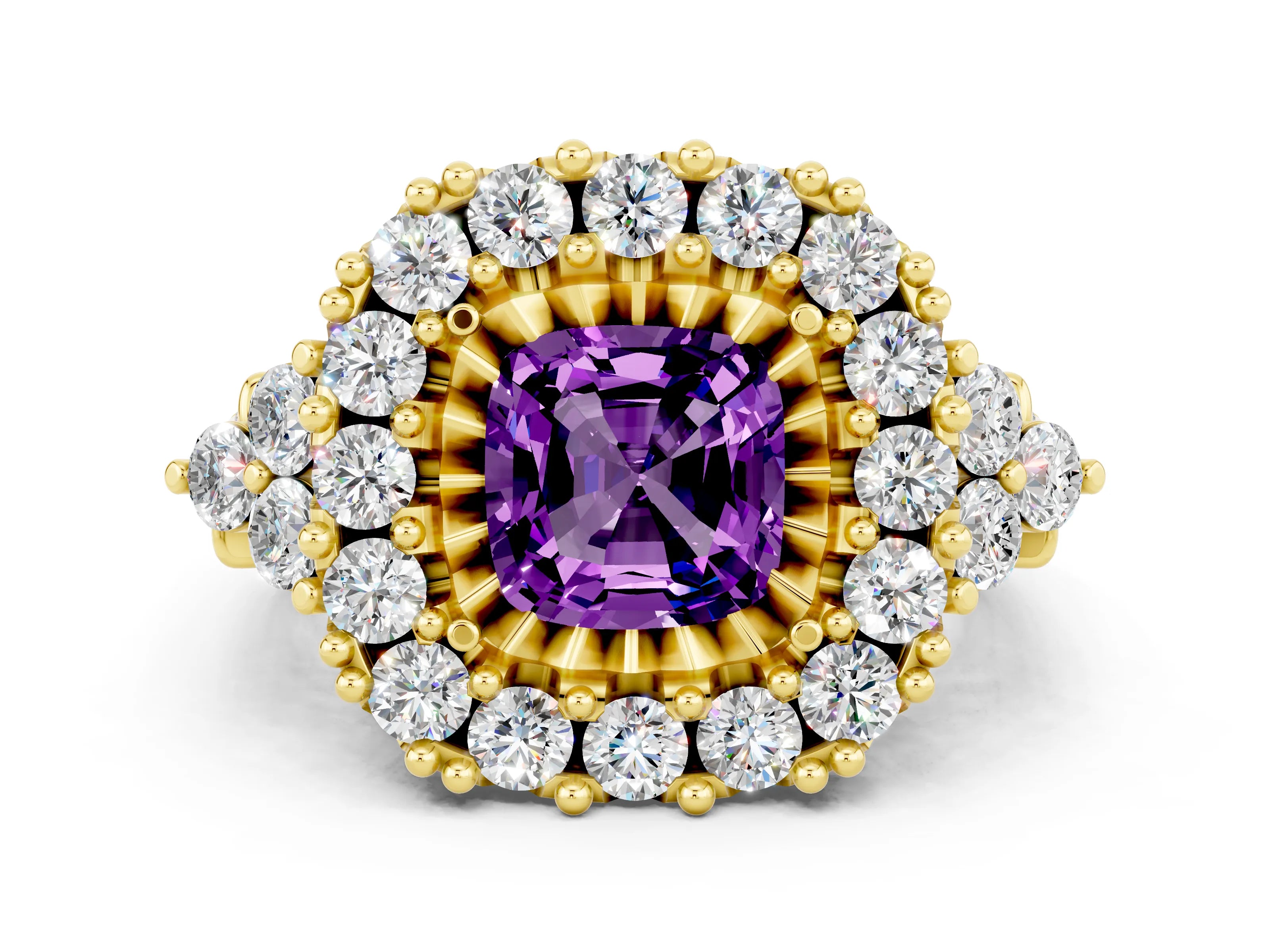 Yellow gold Cushion Cut Amethyst Halo Ring with Pavé Band and Four-Prong Setting_12