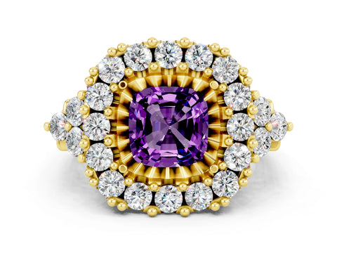 Yellow gold Cushion Cut Amethyst Halo Ring with Pavé Band and Four-Prong Setting_12