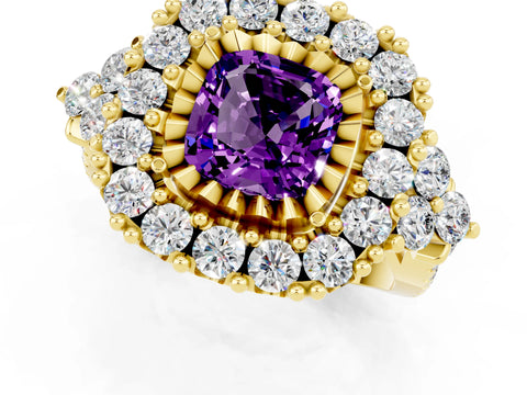 Yellow gold Cushion Cut Amethyst Halo Ring with Pavé Band and Four-Prong Setting_13