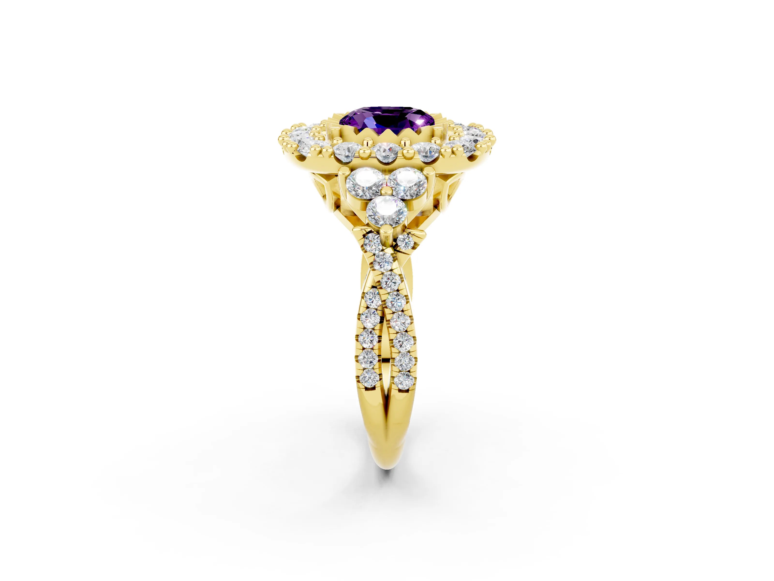 Yellow gold Cushion Cut Amethyst Halo Ring with Pavé Band and Four-Prong Setting_14