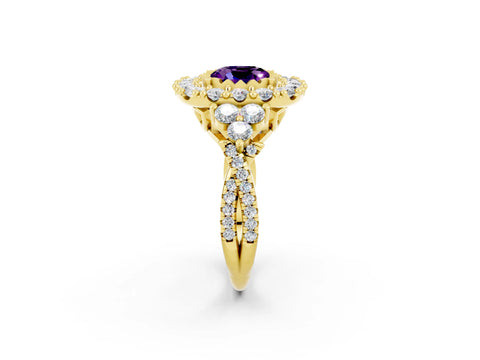 Yellow gold Cushion Cut Amethyst Halo Ring with Pavé Band and Four-Prong Setting_14