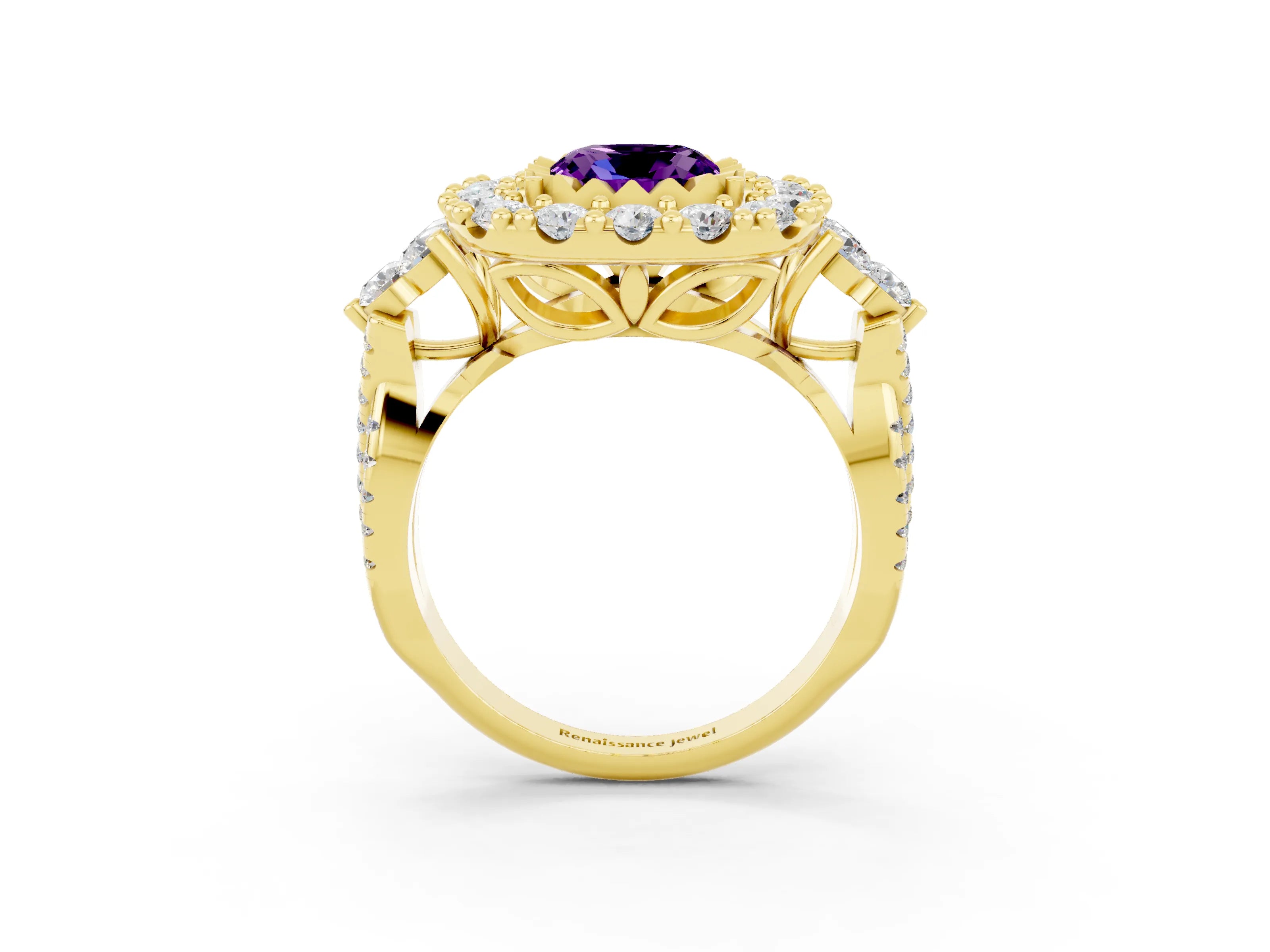 Yellow gold Cushion Cut Amethyst Halo Ring with Pavé Band and Four-Prong Setting_15