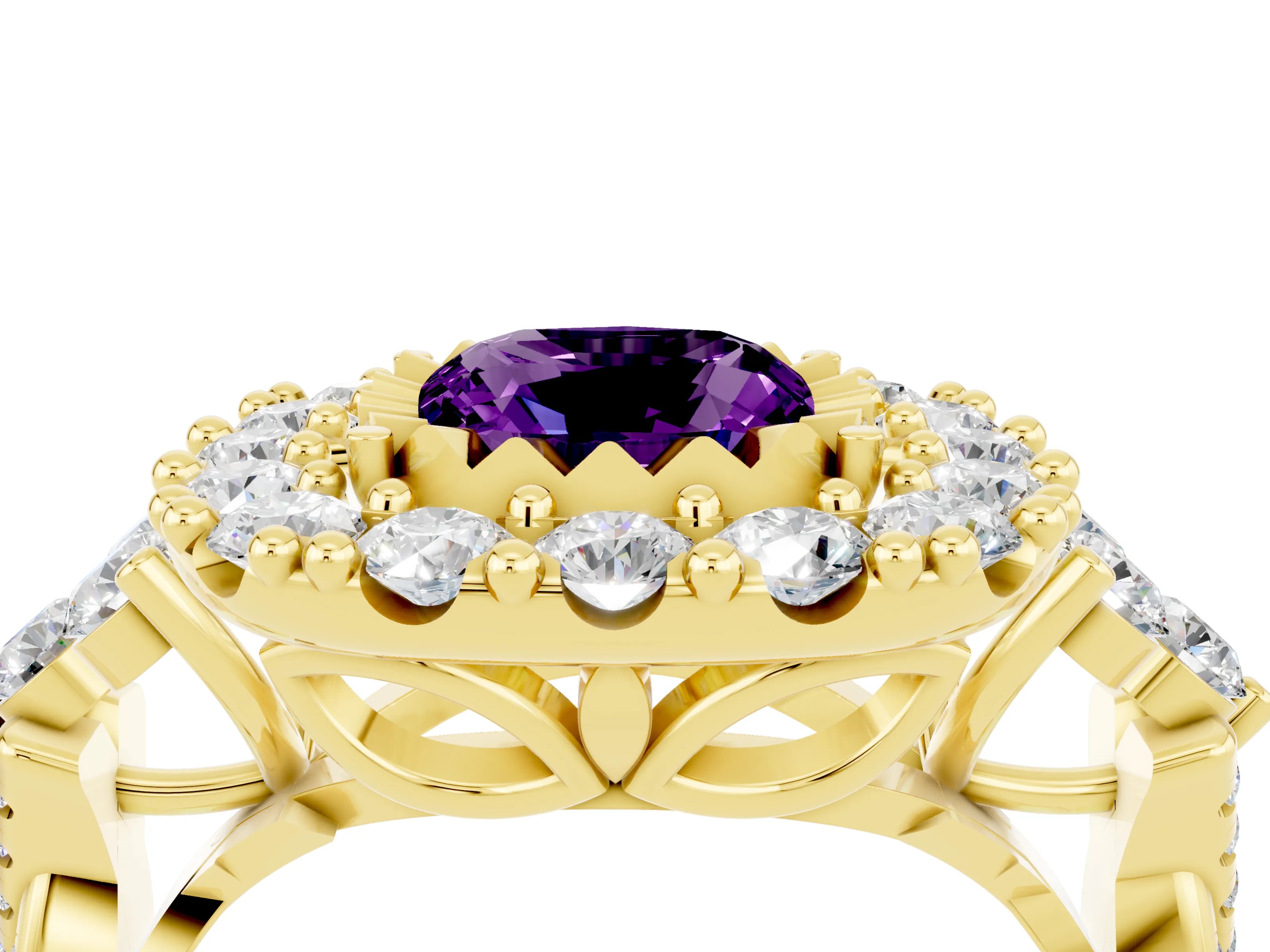 Yellow gold Cushion Cut Amethyst Halo Ring with Pavé Band and Four-Prong Setting_16