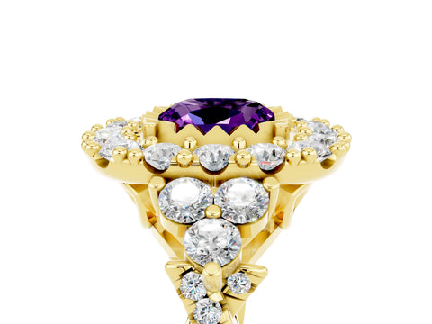 Yellow gold Cushion Cut Amethyst Halo Ring with Pavé Band and Four-Prong Setting_17