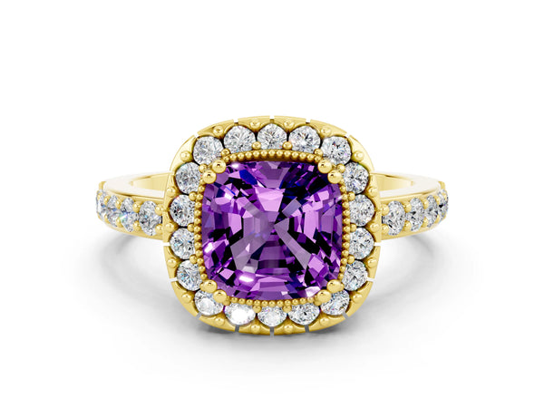 Yellow gold Cushion Cut Amethyst Halo Ring with Pavé Band and Prong Setting