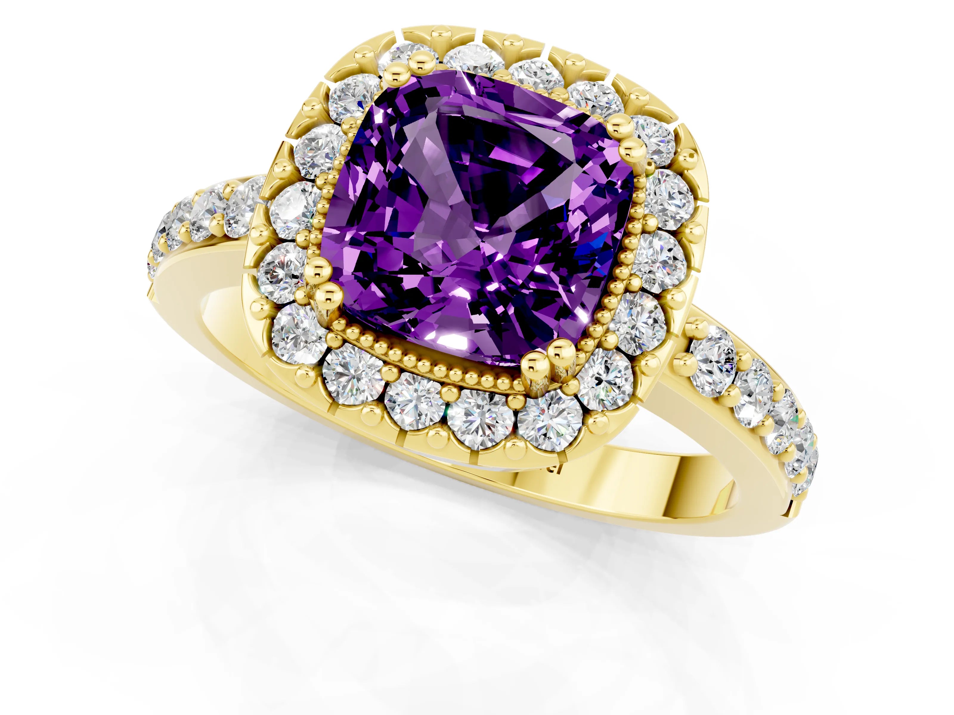 Yellow gold Cushion Cut Amethyst Halo Ring with Pavé Band and Prong Setting_1