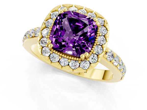 Yellow gold Cushion Cut Amethyst Halo Ring with Pavé Band and Prong Setting