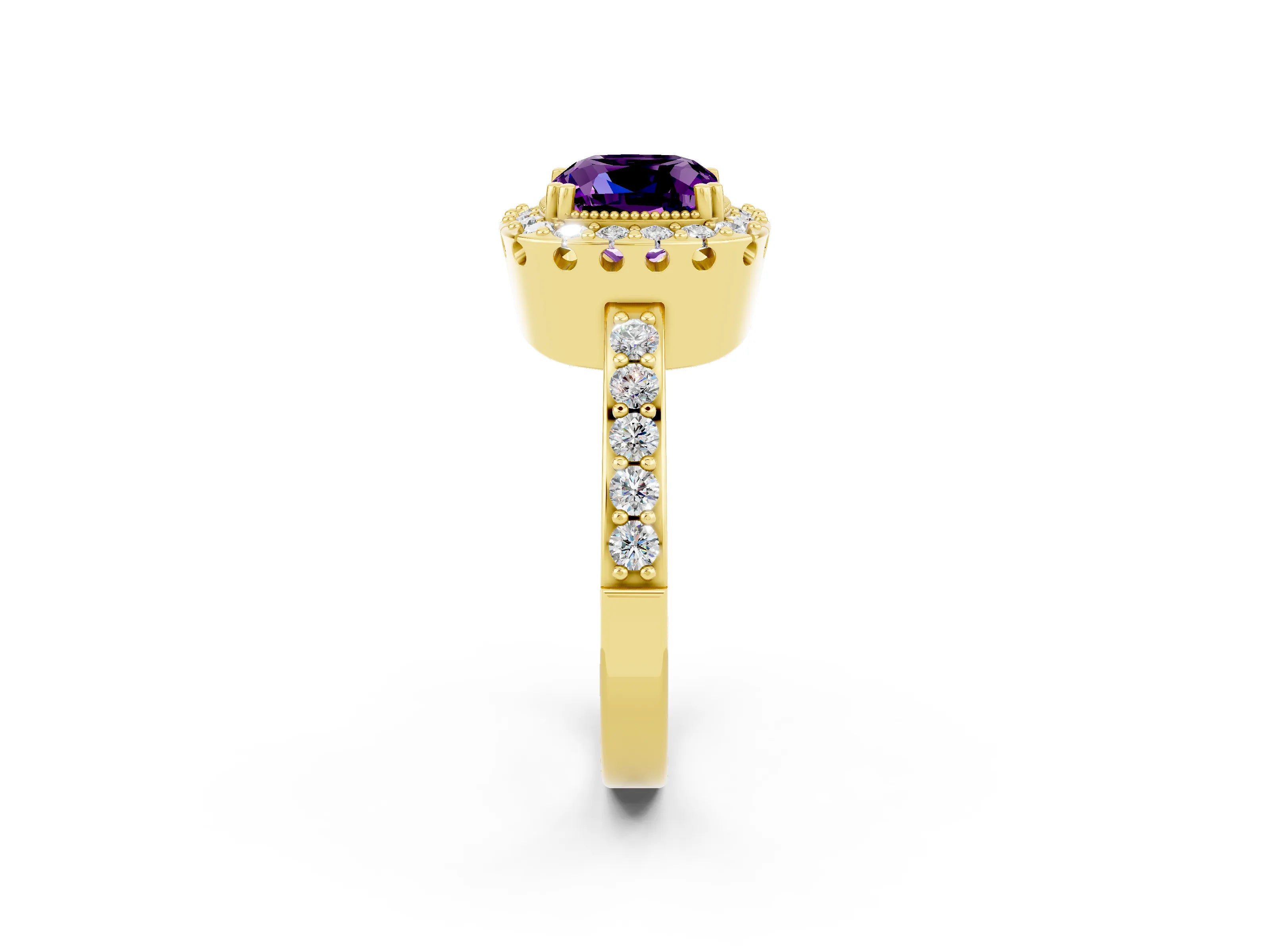Yellow gold Cushion Cut Amethyst Halo Ring with Pavé Band and Prong Setting_2