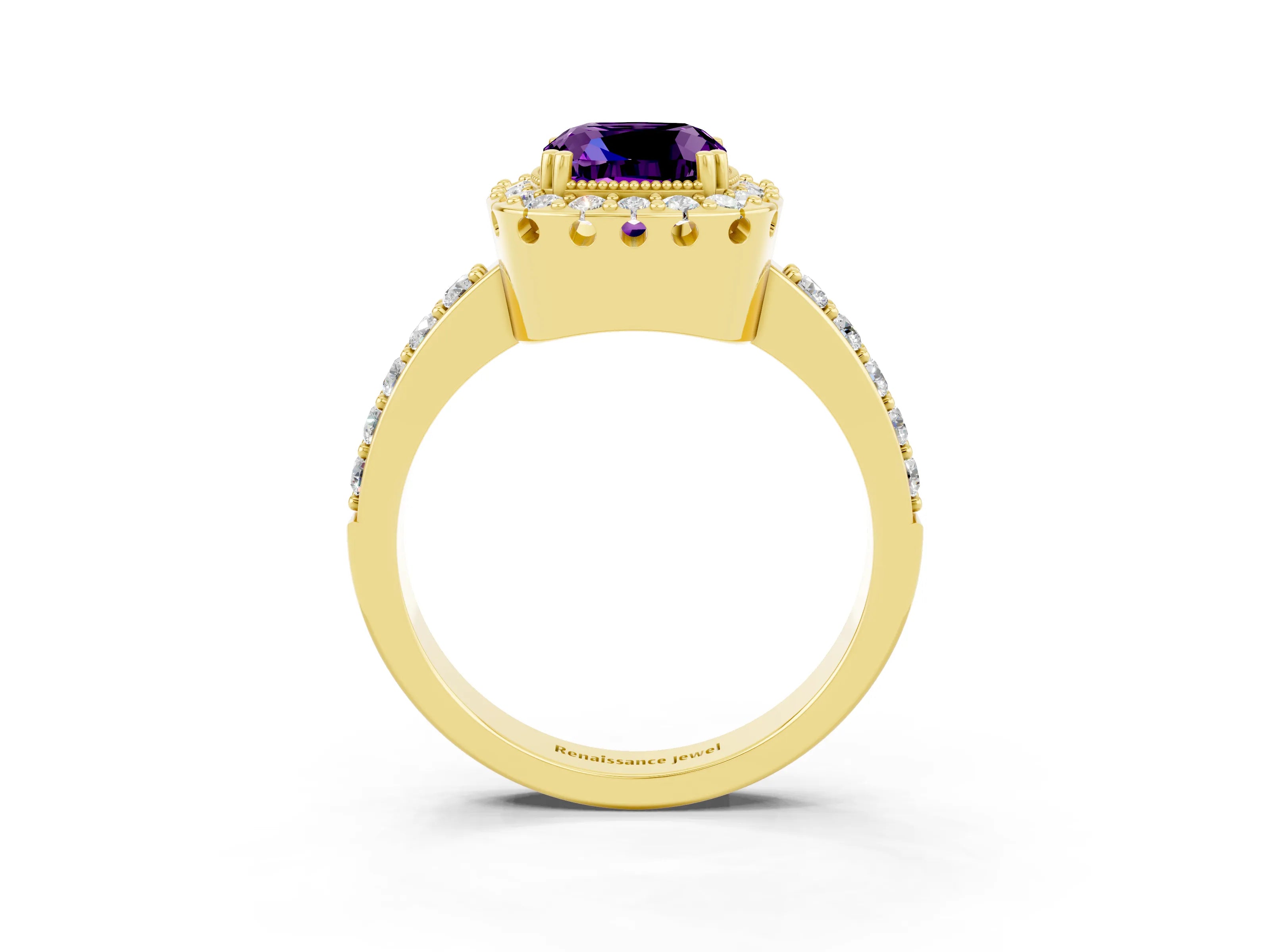 Yellow gold Cushion Cut Amethyst Halo Ring with Pavé Band and Prong Setting_3