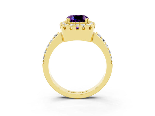 Yellow gold Cushion Cut Amethyst Halo Ring with Pavé Band and Prong Setting