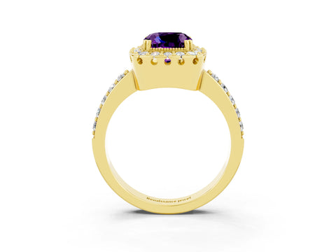 Yellow gold Cushion Cut Amethyst Halo Ring with Pavé Band and Prong Setting_3