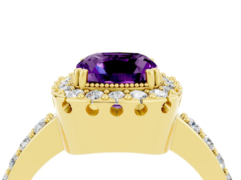 Yellow gold Cushion Cut Amethyst Halo Ring with Pavé Band and Prong Setting_4