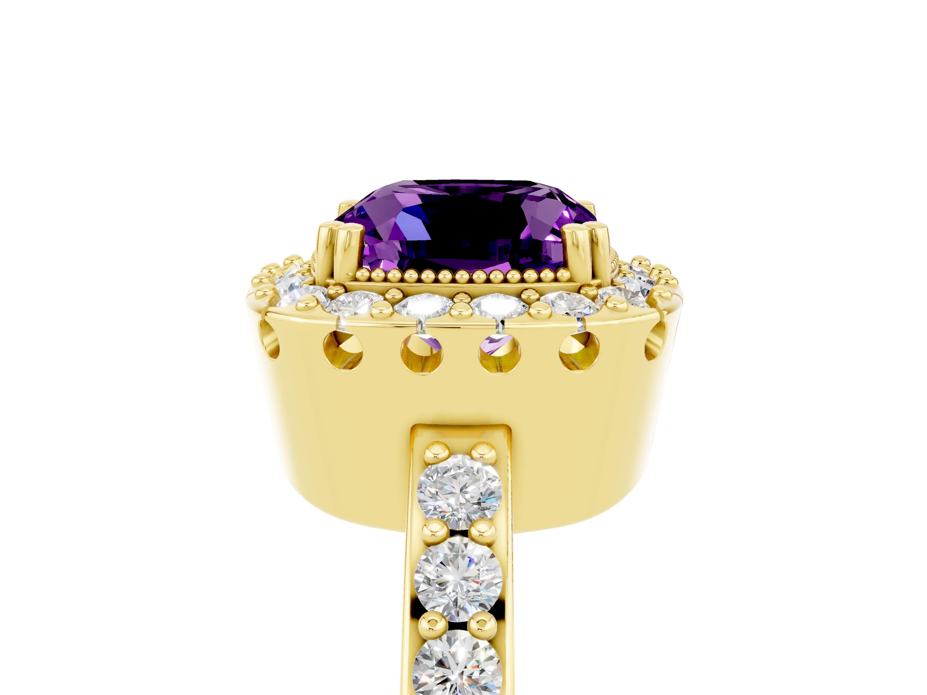 Yellow gold Cushion Cut Amethyst Halo Ring with Pavé Band and Prong Setting_5