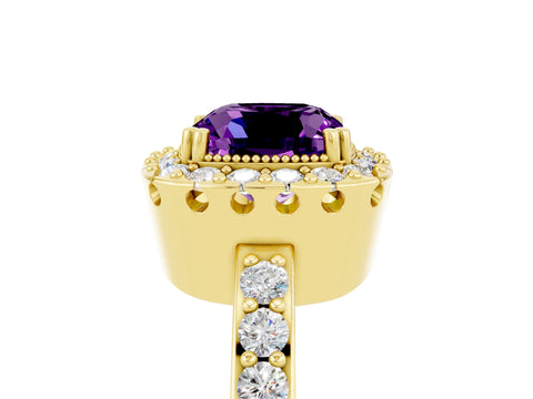 Yellow gold Cushion Cut Amethyst Halo Ring with Pavé Band and Prong Setting_5