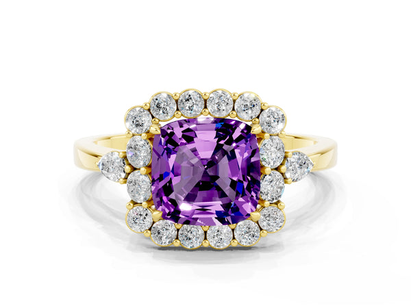 Yellow gold Cushion Cut Amethyst Halo Ring with Pear Side Stones and Prong Setting