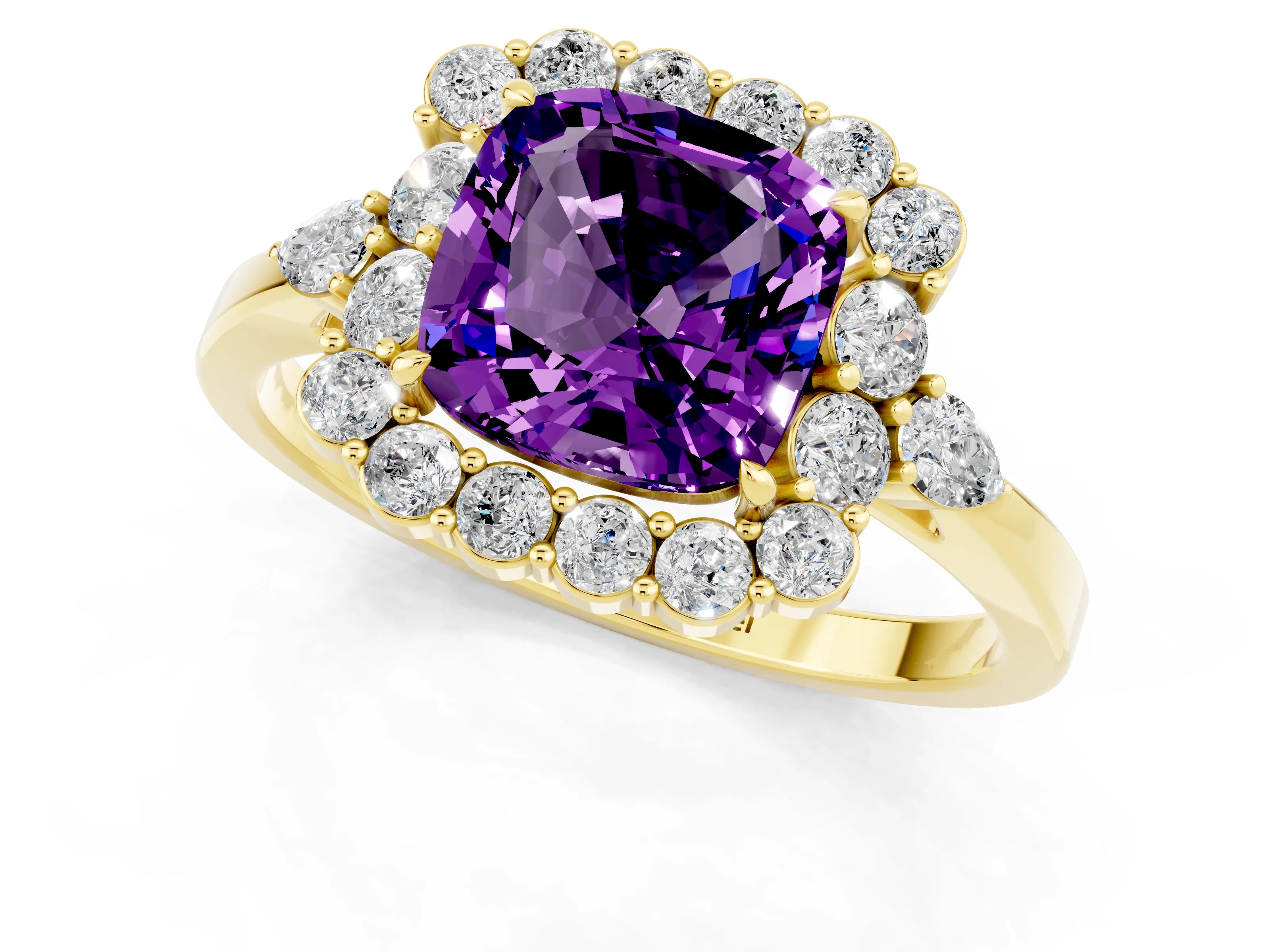Yellow gold Cushion Cut Amethyst Halo Ring with Pear Side Stones and Prong Setting_13