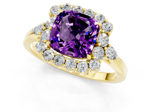 Yellow gold Cushion Cut Amethyst Halo Ring with Pear Side Stones and Prong Setting