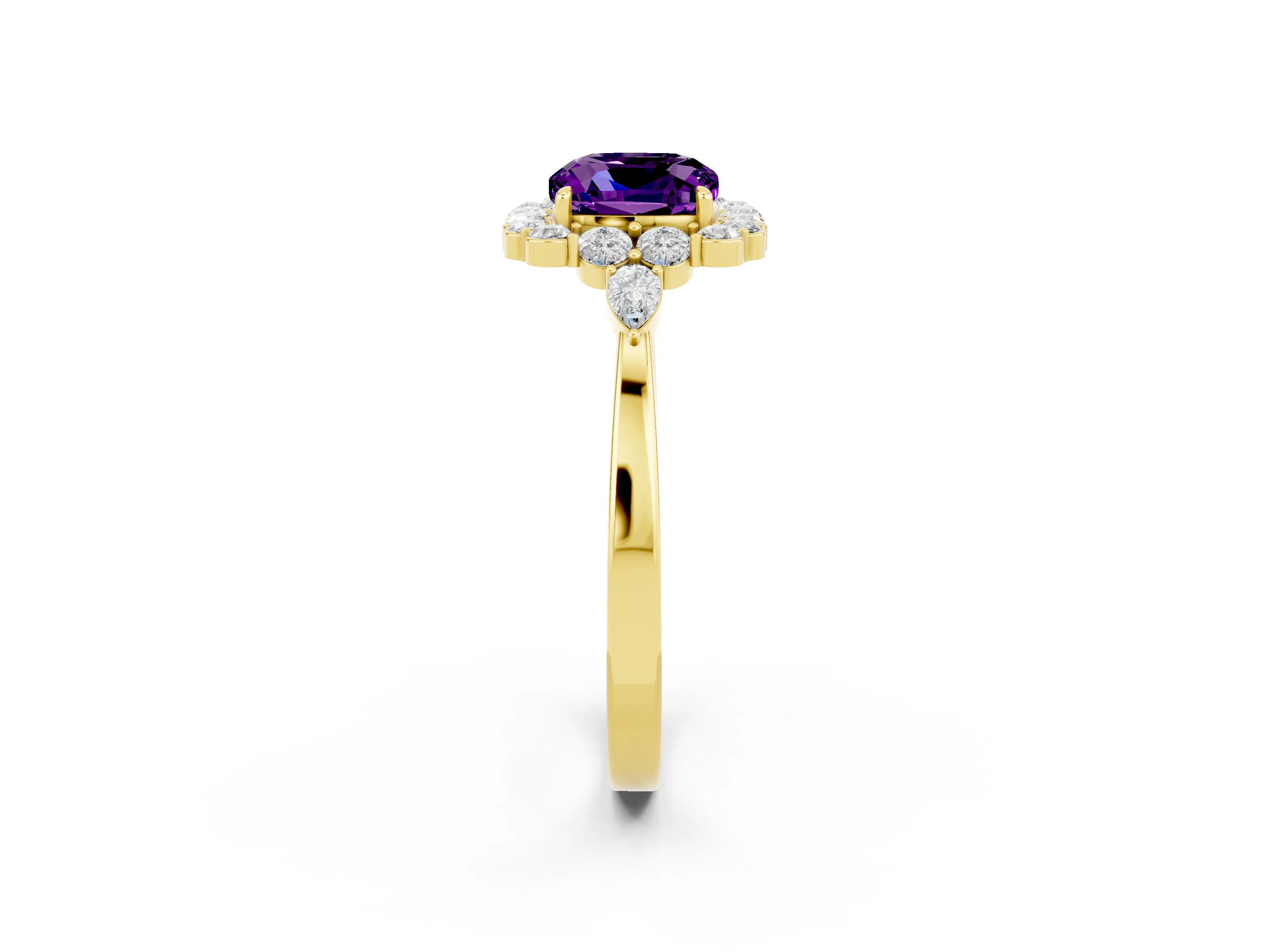 Yellow gold Cushion Cut Amethyst Halo Ring with Pear Side Stones and Prong Setting_14