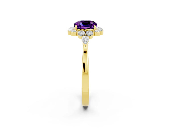 Yellow gold Cushion Cut Amethyst Halo Ring with Pear Side Stones and Prong Setting