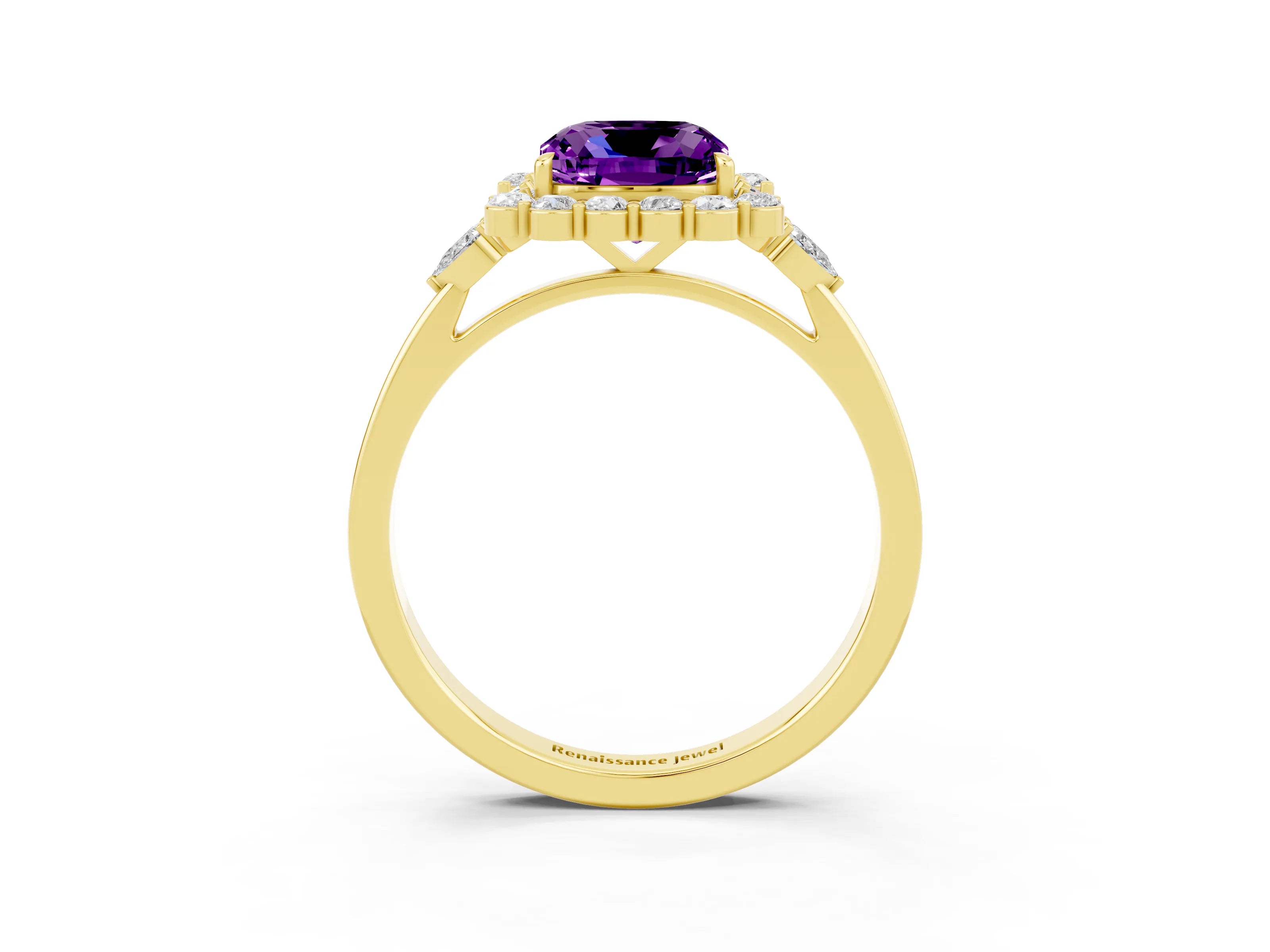 Yellow gold Cushion Cut Amethyst Halo Ring with Pear Side Stones and Prong Setting_15