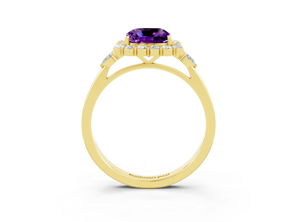 Yellow gold Cushion Cut Amethyst Halo Ring with Pear Side Stones and Prong Setting