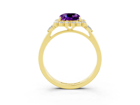 Yellow gold Cushion Cut Amethyst Halo Ring with Pear Side Stones and Prong Setting_15
