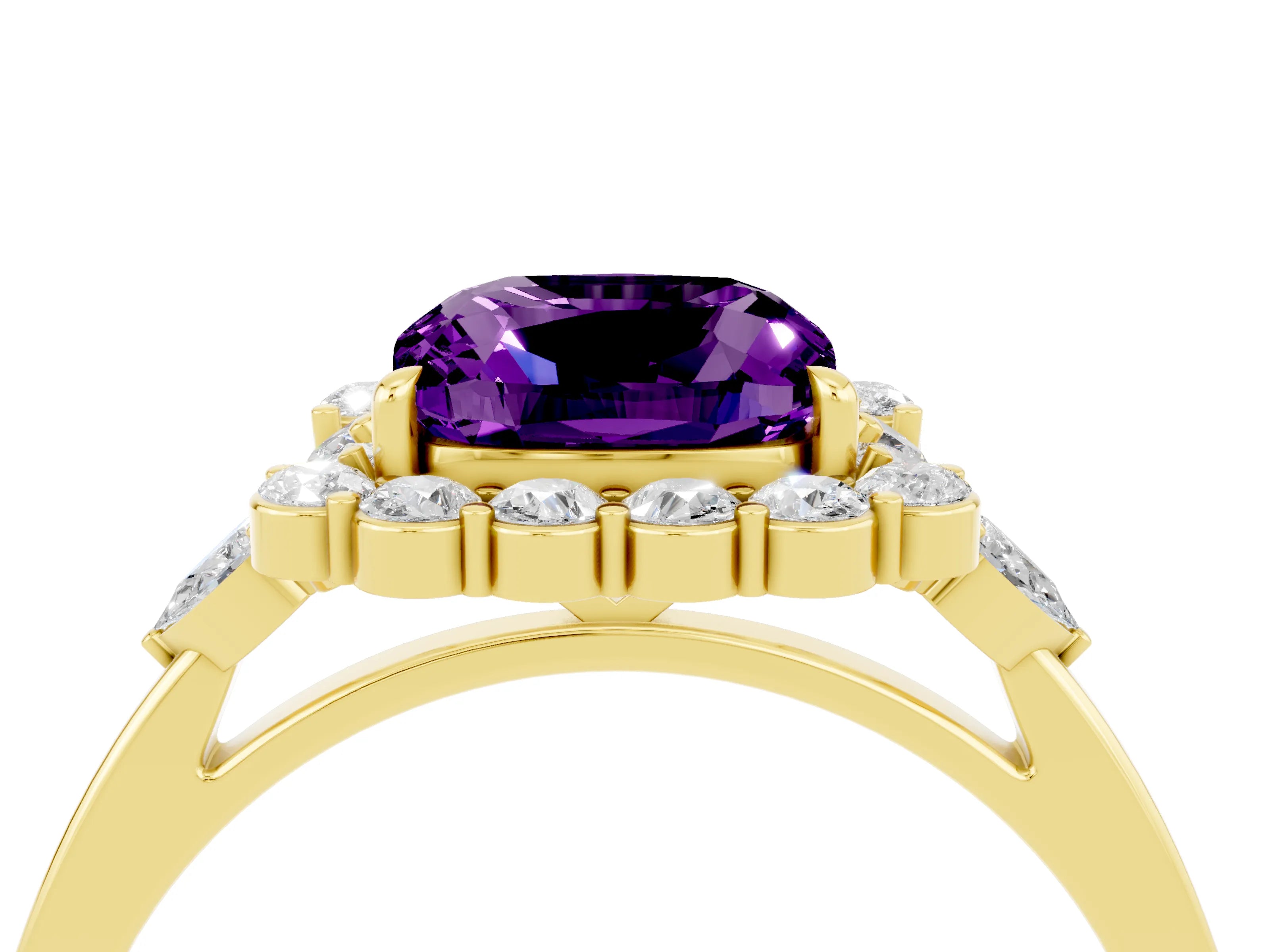 Yellow gold Cushion Cut Amethyst Halo Ring with Pear Side Stones and Prong Setting_16