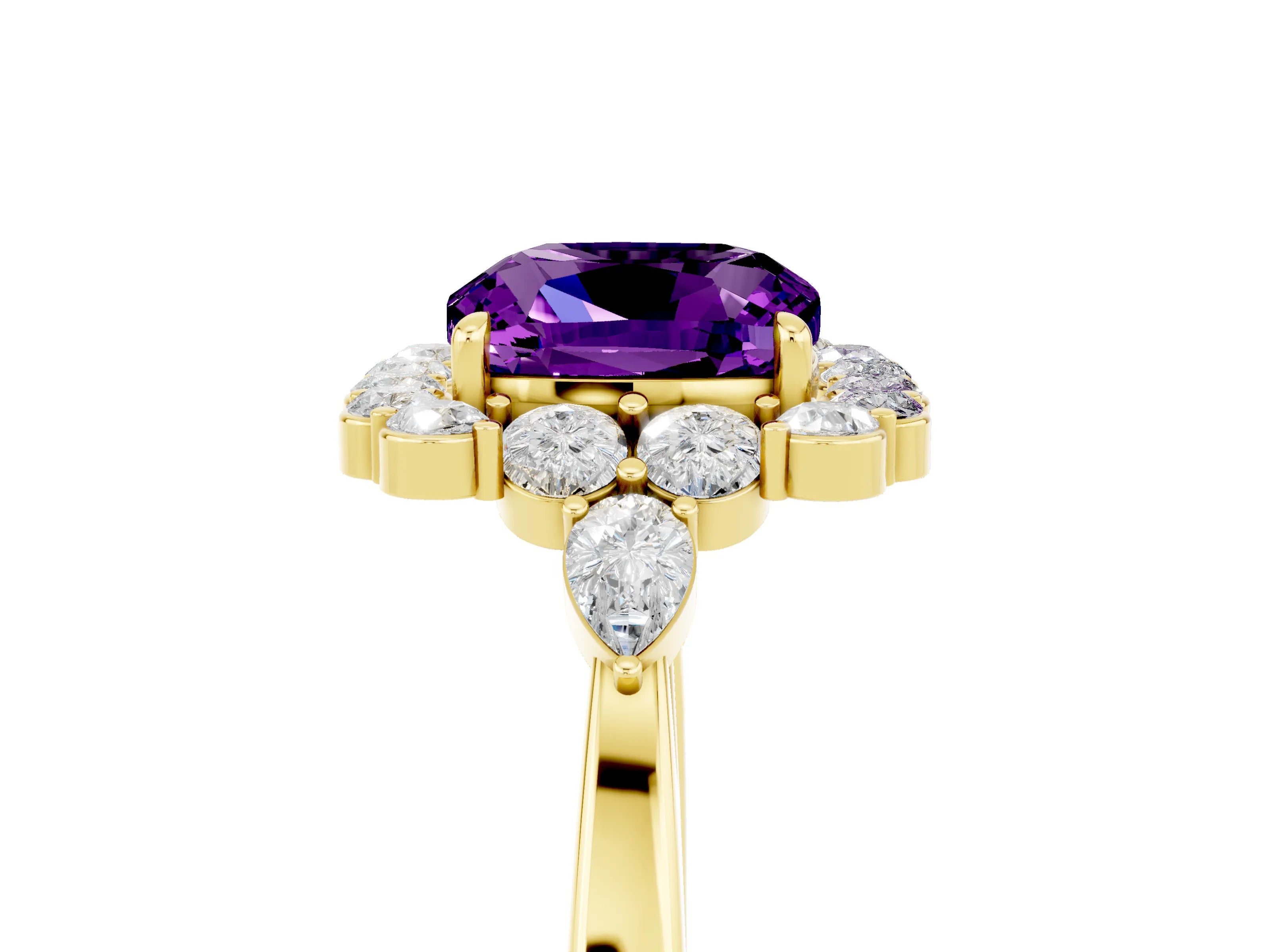 Yellow gold Cushion Cut Amethyst Halo Ring with Pear Side Stones and Prong Setting_17
