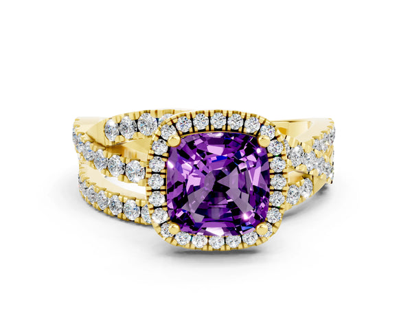 Yellow gold Cushion Cut Amethyst Halo Ring with Round Split Shank and Prong Setting