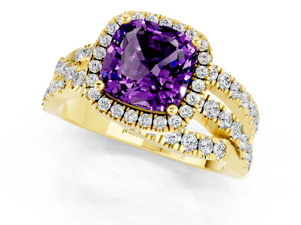 Yellow gold Cushion Cut Amethyst Halo Ring with Round Split Shank and Prong Setting