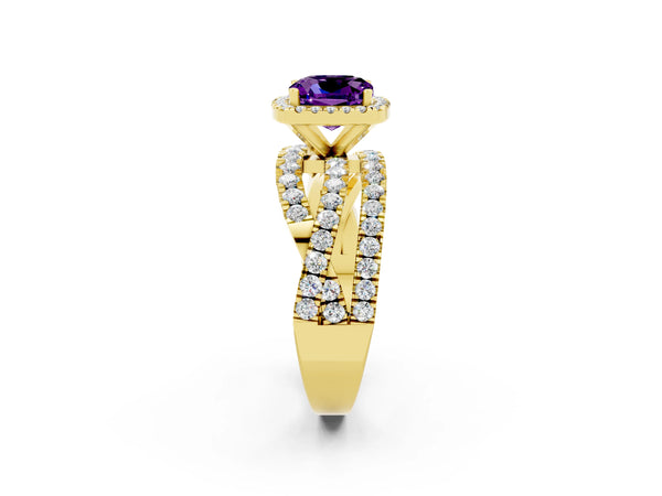 Yellow gold Cushion Cut Amethyst Halo Ring with Round Split Shank and Prong Setting