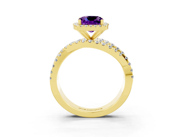 Yellow gold Cushion Cut Amethyst Halo Ring with Round Split Shank and Prong Setting