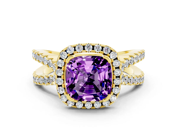 Yellow gold Cushion Cut Amethyst Halo Ring with Split Shank Pavé Band and Prong Setting
