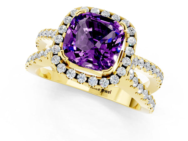 Yellow gold Cushion Cut Amethyst Halo Ring with Split Shank Pavé Band and Prong Setting