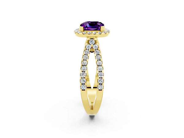 Yellow gold Cushion Cut Amethyst Halo Ring with Split Shank Pavé Band and Prong Setting