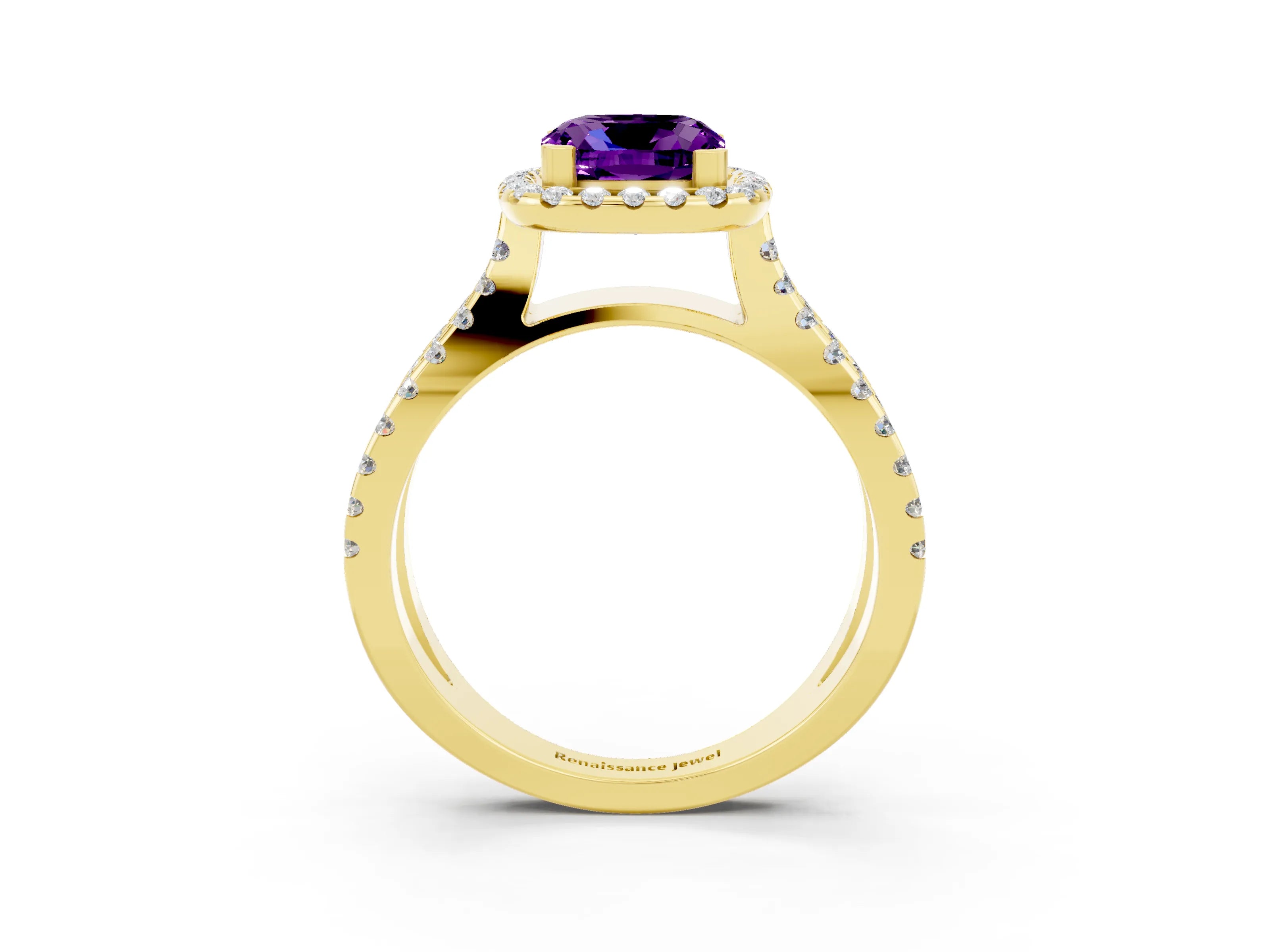 Yellow gold Cushion Cut Amethyst Halo Ring with Split Shank Pavé Band and Prong Setting_3