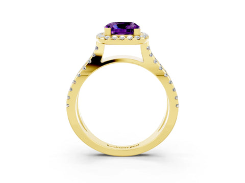 Yellow gold Cushion Cut Amethyst Halo Ring with Split Shank Pavé Band and Prong Setting_3