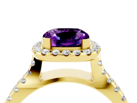 Yellow gold Cushion Cut Amethyst Halo Ring with Split Shank Pavé Band and Prong Setting_4