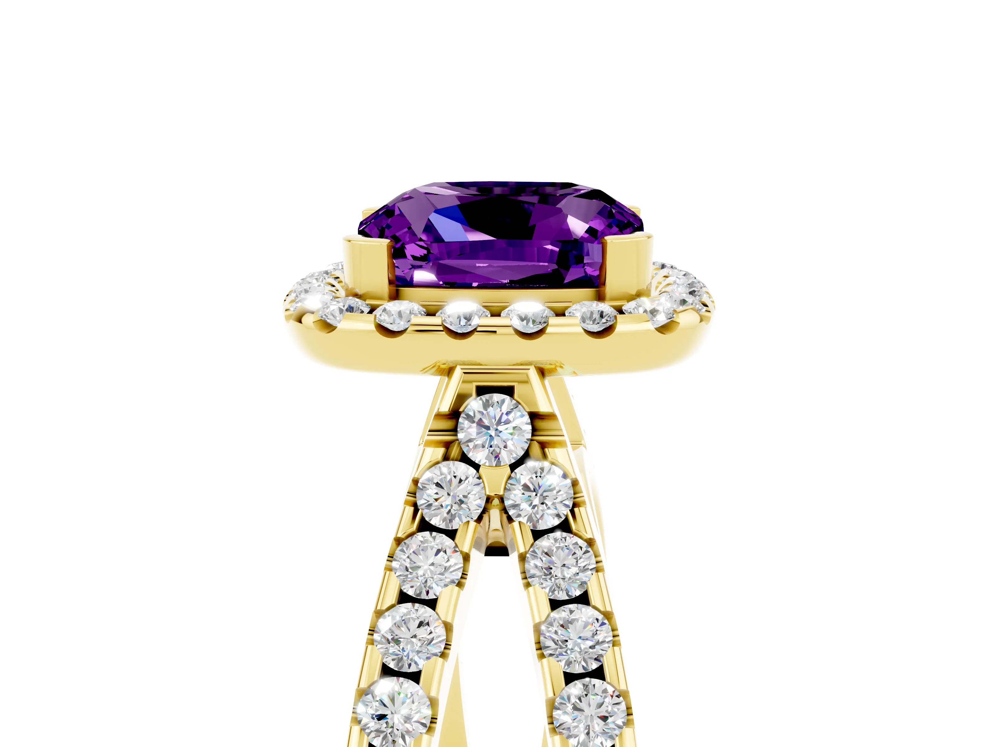 Yellow gold Cushion Cut Amethyst Halo Ring with Split Shank Pavé Band and Prong Setting_5