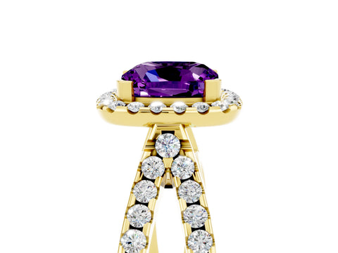 Yellow gold Cushion Cut Amethyst Halo Ring with Split Shank Pavé Band and Prong Setting_5