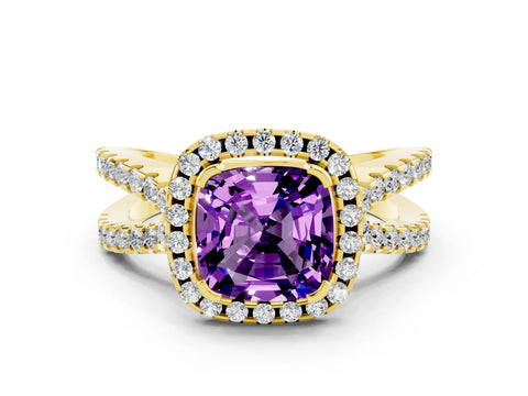 Yellow gold Cushion Cut Amethyst Halo Ring with Split Shank Pavé Band and Prong Setting